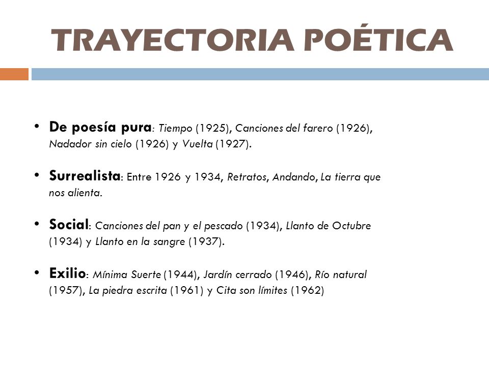 TRAYECTORIA POÉTICA De poesía pura: Tiempo (1925), Canciones del farero (1926), Nadador sin cielo (1926) y Vuelta (1927).