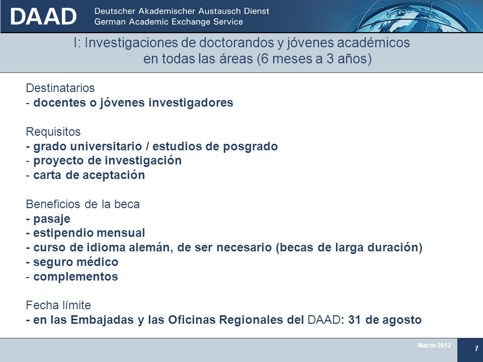 I: Investigaciones de doctorandos y jóvenes académicos en todas las áreas (6 meses a 3 años)