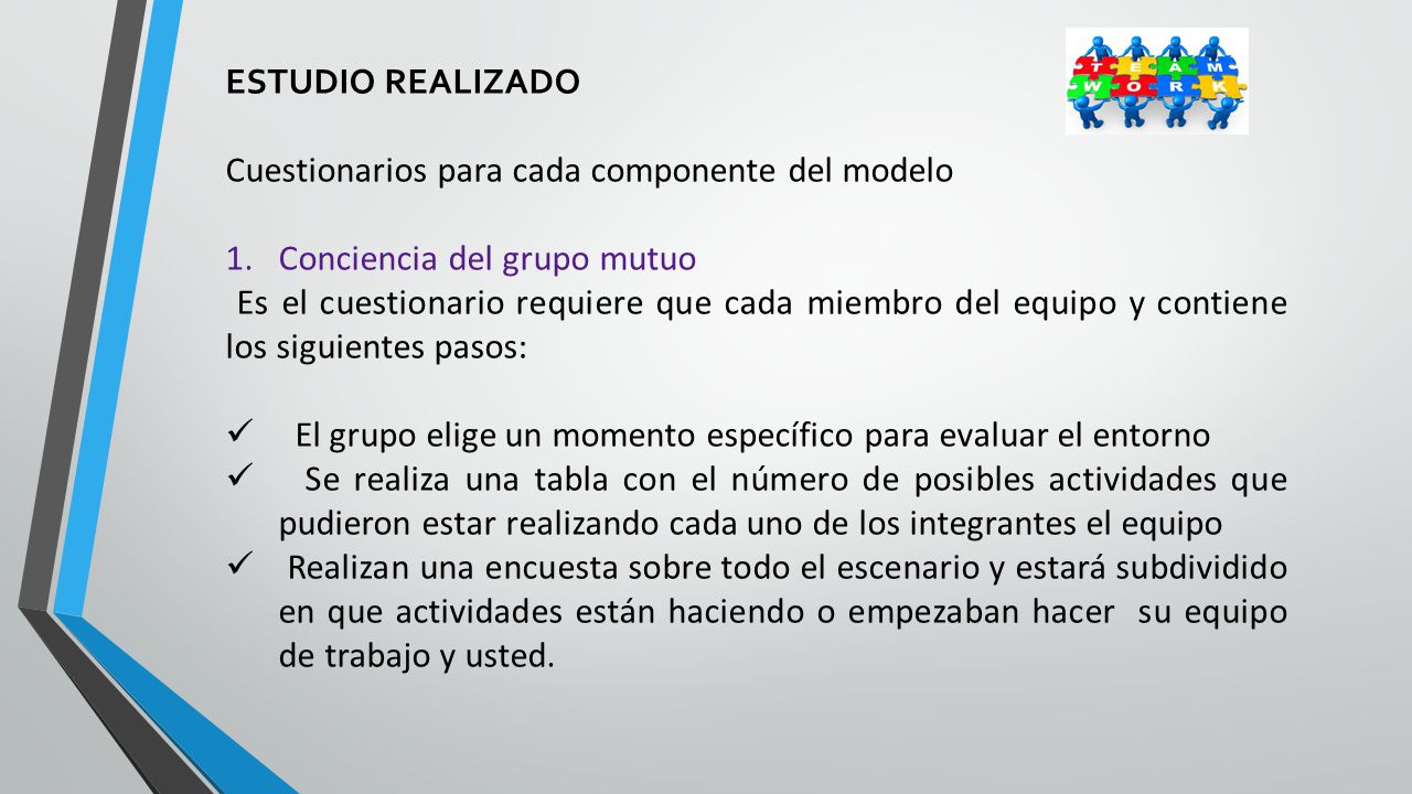 ESTUDIO REALIZADO Cuestionarios para cada componente del modelo. Conciencia del grupo mutuo.