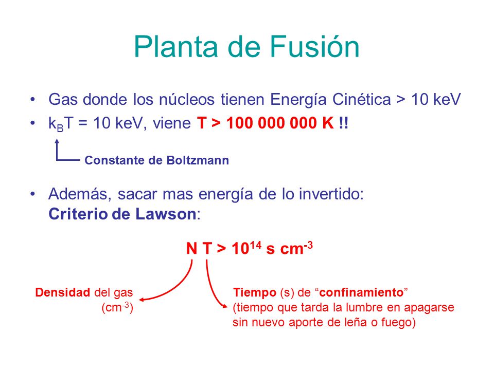 Planta de Fusión Gas donde los núcleos tienen Energía Cinética > 10 keV. kBT = 10 keV, viene T > K !!