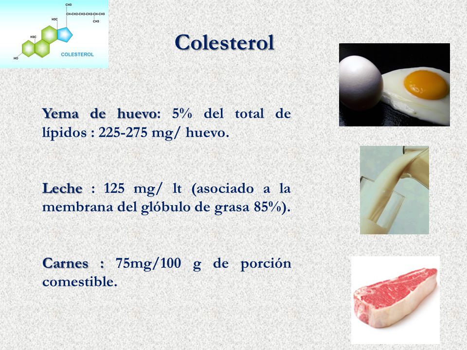 Colesterol Yema de huevo: 5% del total de lípidos : mg/ huevo.