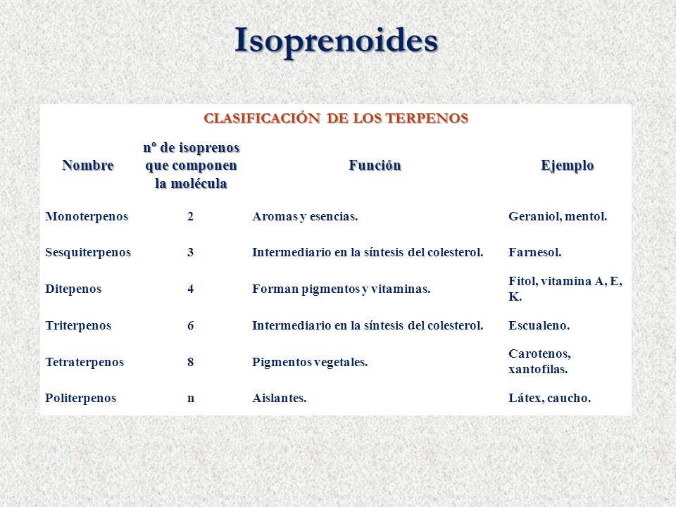 CLASIFICACIÓN DE LOS TERPENOS nº de isoprenos que componen la molécula