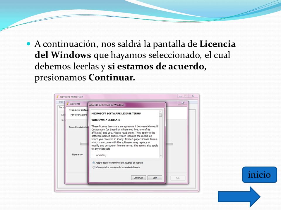 A continuación, nos saldrá la pantalla de Licencia del Windows que hayamos seleccionado, el cual debemos leerlas y si estamos de acuerdo, presionamos Continuar.