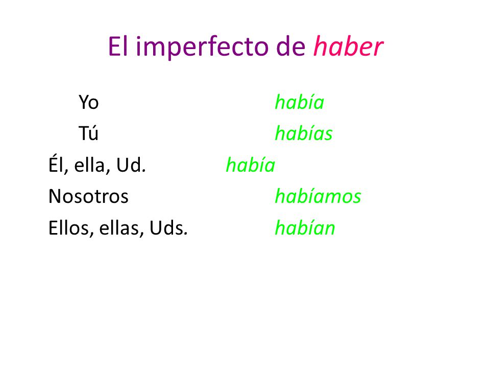 El imperfecto de haber Yo había Tú habías Él, ella, Ud. había