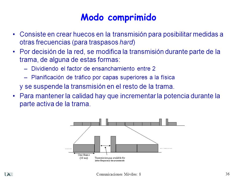 Modo comprimido Consiste en crear huecos en la transmisión para posibilitar medidas a otras frecuencias (para traspasos hard)