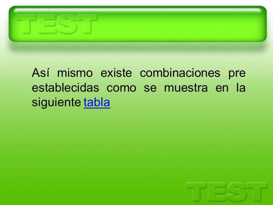 Así mismo existe combinaciones pre establecidas como se muestra en la siguiente tabla