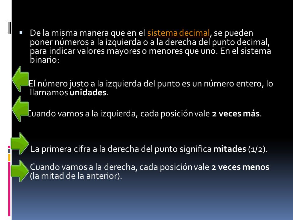 De la misma manera que en el sistema decimal, se pueden poner números a la izquierda o a la derecha del punto decimal, para indicar valores mayores o menores que uno. En el sistema binario: