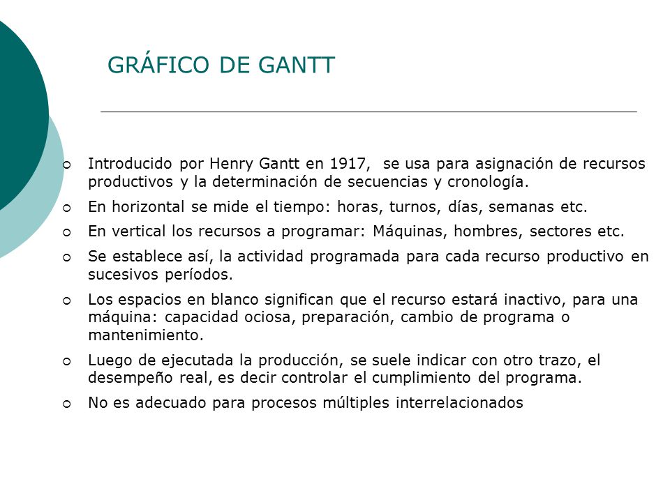 GRÁFICO DE GANTT Introducido por Henry Gantt en 1917, se usa para asignación de recursos productivos y la determinación de secuencias y cronología.