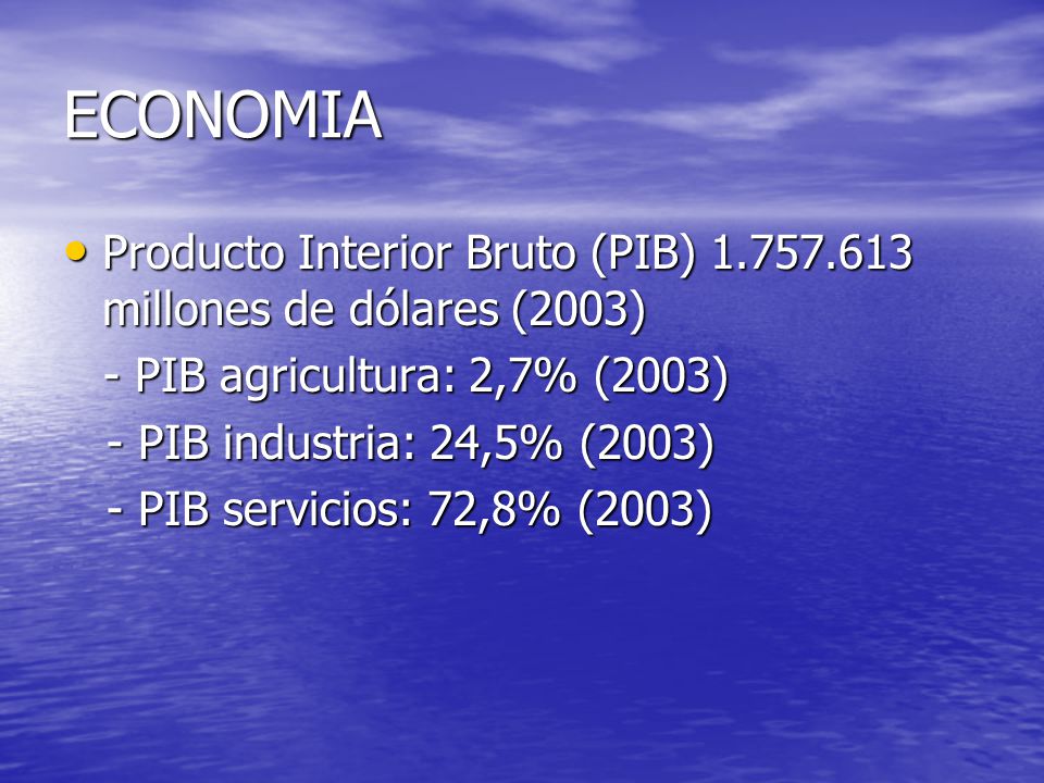 ECONOMIA Producto Interior Bruto (PIB) millones de dólares (2003) - PIB agricultura: 2,7% (2003)