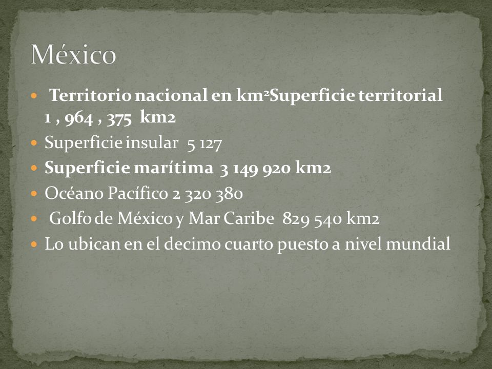 México Territorio nacional en km2Superficie territorial 1 , 964 , 375 km2. Superficie insular