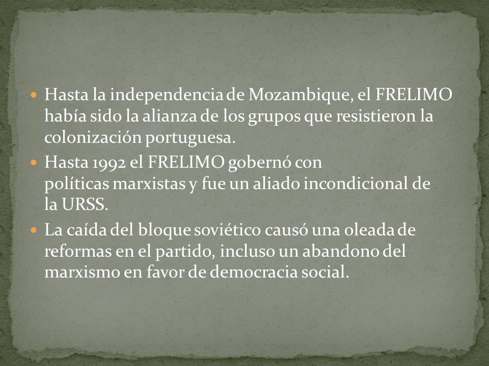 Hasta la independencia de Mozambique, el FRELIMO había sido la alianza de los grupos que resistieron la colonización portuguesa.