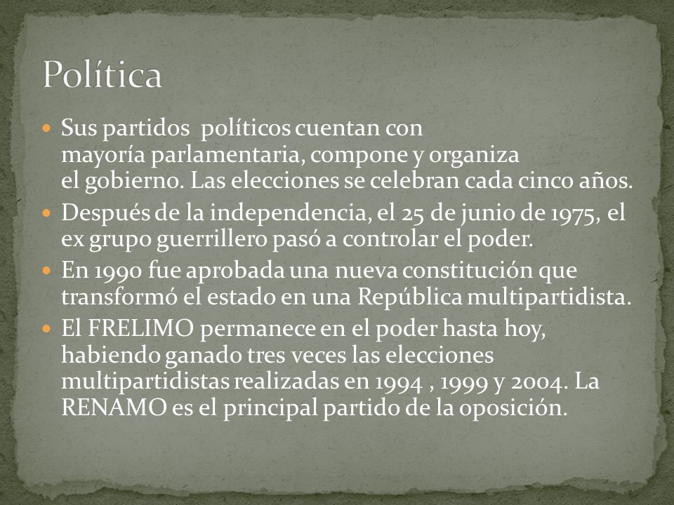 Política Sus partidos políticos cuentan con mayoría parlamentaria, compone y organiza el gobierno. Las elecciones se celebran cada cinco años.
