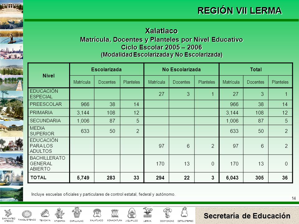 Xalatlaco Matrícula, Docentes y Planteles por Nivel Educativo