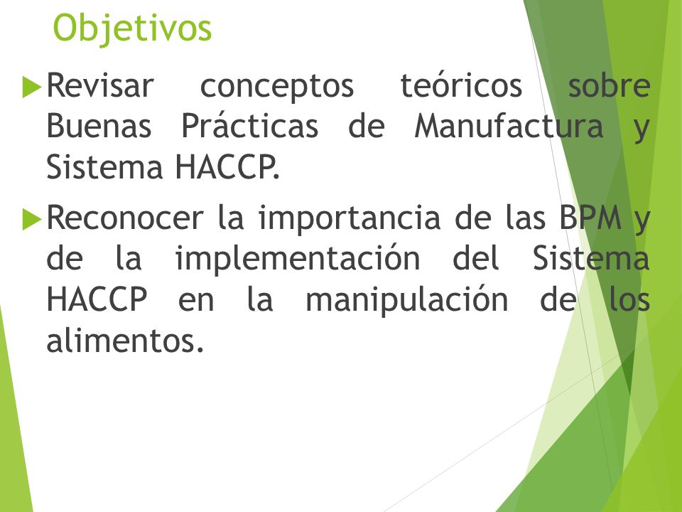Objetivos Revisar conceptos teóricos sobre Buenas Prácticas de Manufactura y Sistema HACCP.