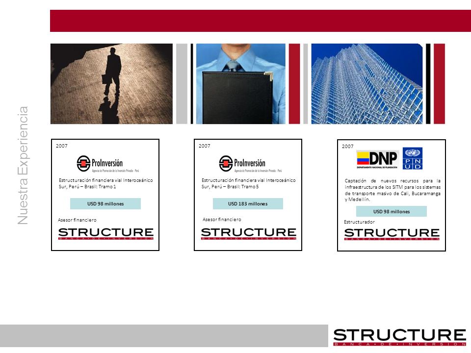 2007 Estructuración financiera vial Interoceánico Sur, Perú – Brasil: Tramo 1. Asesor financiero. USD 98 millones.