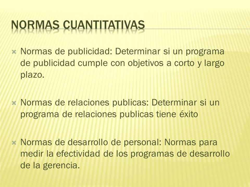 Normas cuantitativas Normas de publicidad: Determinar si un programa de publicidad cumple con objetivos a corto y largo plazo.
