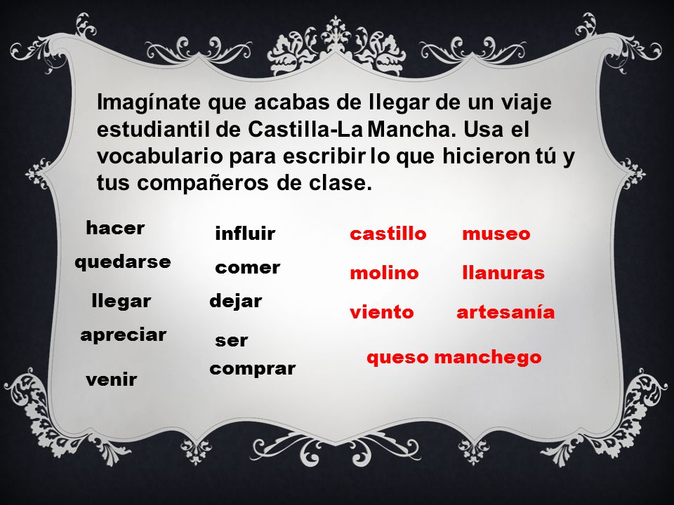Imagínate que acabas de llegar de un viaje estudiantil de Castilla-La Mancha. Usa el vocabulario para escribir lo que hicieron tú y tus compañeros de clase.
