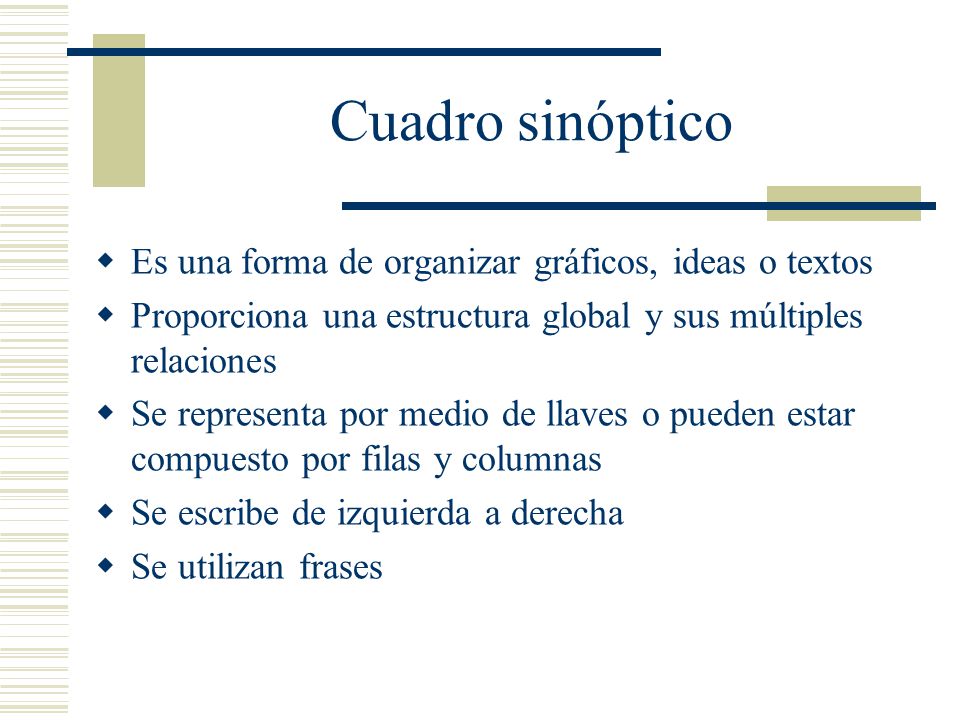 Cuadro sinóptico Es una forma de organizar gráficos, ideas o textos