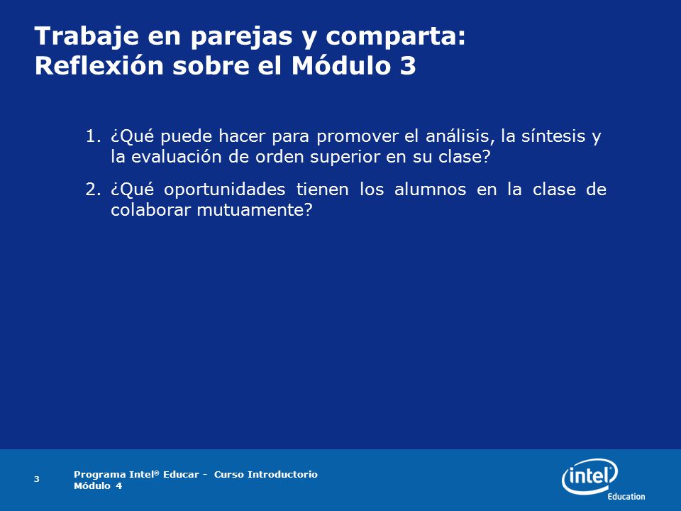 Trabaje en parejas y comparta: Reflexión sobre el Módulo 3