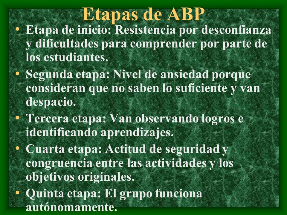 Etapas de ABP Etapa de inicio: Resistencia por desconfianza y dificultades para comprender por parte de los estudiantes.