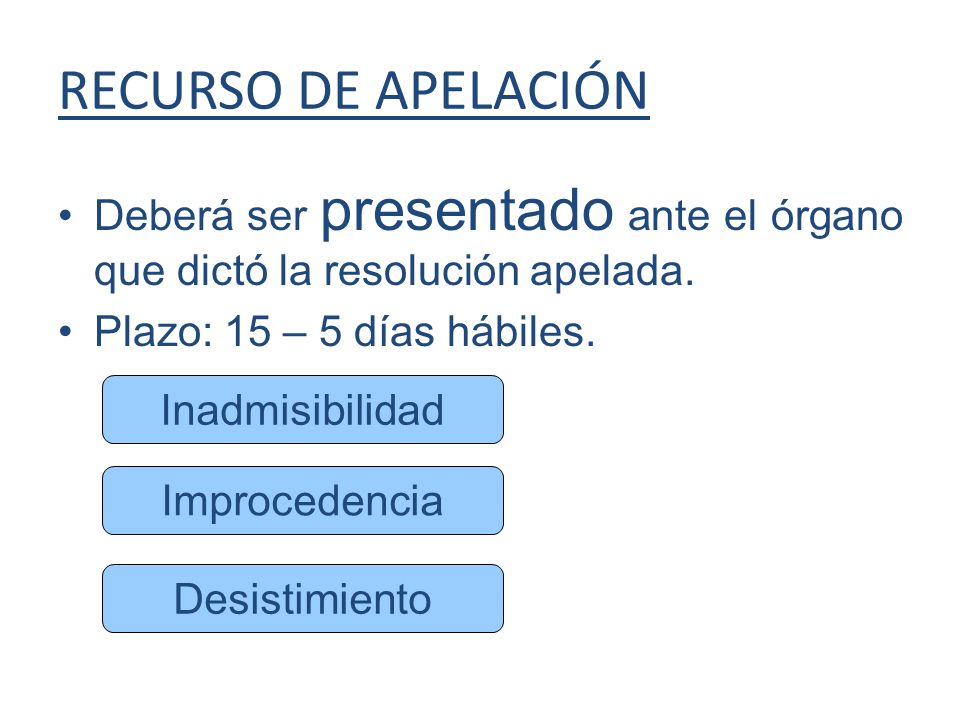 RECURSO DE APELACIÓN Deberá ser presentado ante el órgano que dictó la resolución apelada. Plazo: 15 – 5 días hábiles.