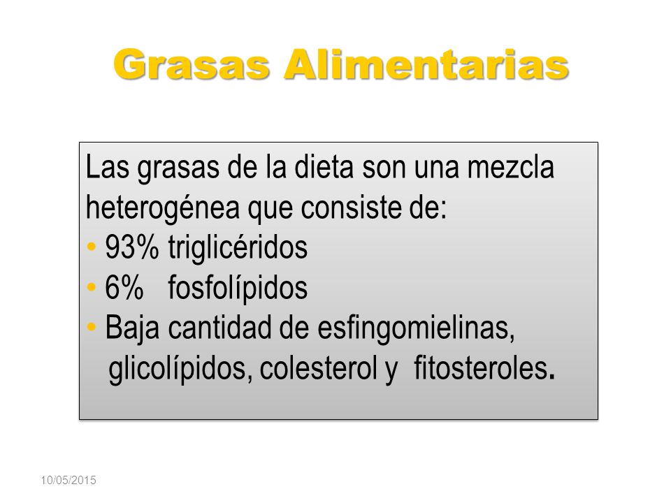 Grasas Alimentarias Las grasas de la dieta son una mezcla heterogénea que consiste de: 93% triglicéridos.