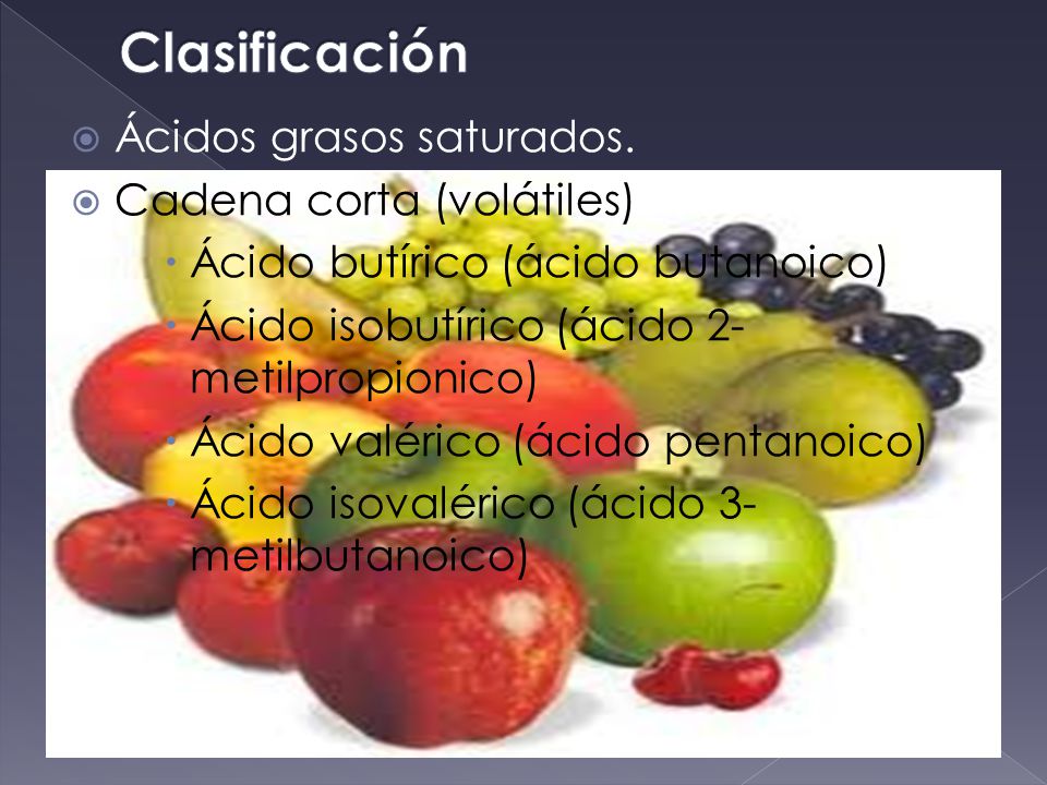 Clasificación Ácidos grasos saturados. Cadena corta (volátiles)