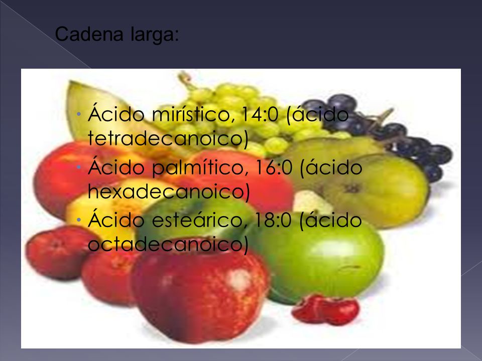 Cadena larga: Ácido mirístico, 14:0 (ácido tetradecanoico) Ácido palmítico, 16:0 (ácido hexadecanoico)