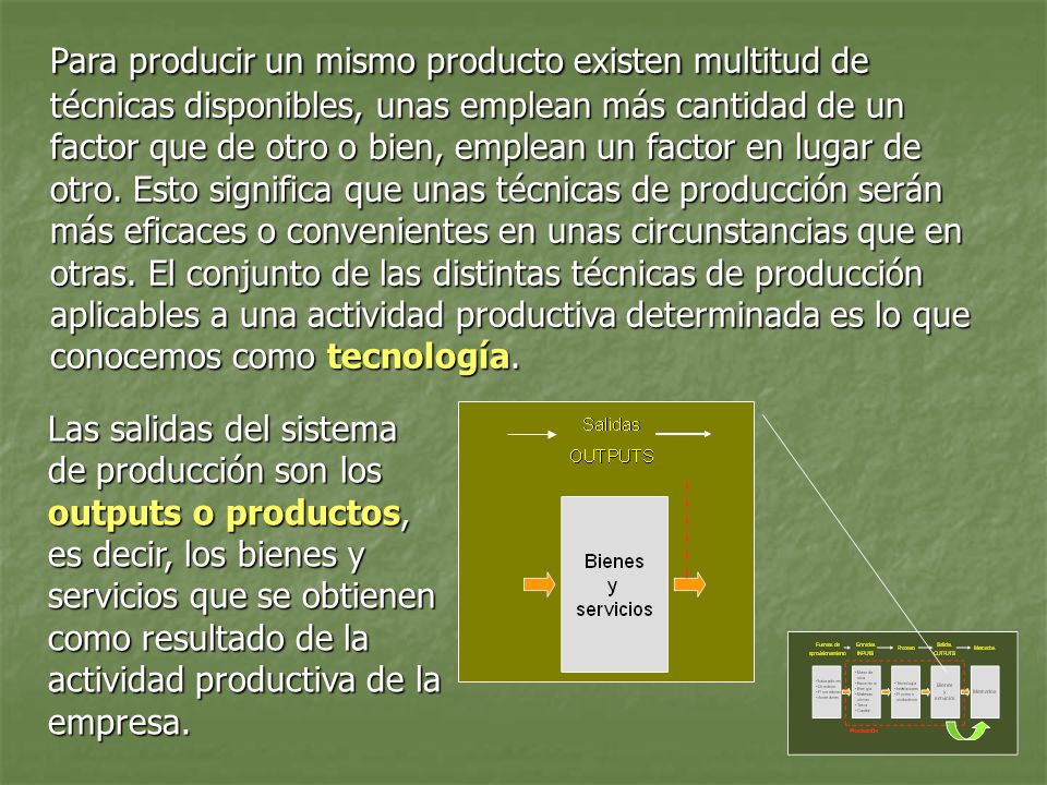 Para producir un mismo producto existen multitud de técnicas disponibles, unas emplean más cantidad de un factor que de otro o bien, emplean un factor en lugar de otro. Esto significa que unas técnicas de producción serán más eficaces o convenientes en unas circunstancias que en otras. El conjunto de las distintas técnicas de producción aplicables a una actividad productiva determinada es lo que conocemos como tecnología.