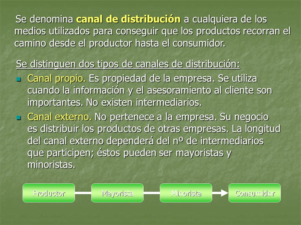 Se denomina canal de distribución a cualquiera de los medios utilizados para conseguir que los productos recorran el camino desde el productor hasta el consumidor.