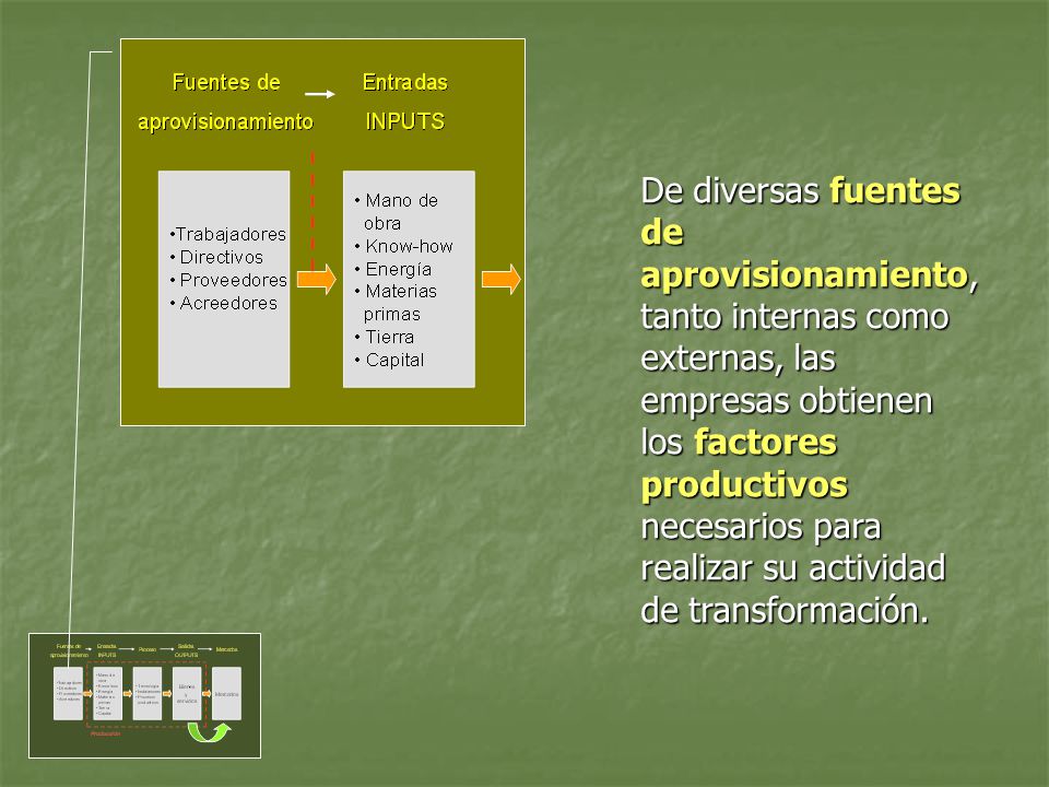 De diversas fuentes de aprovisionamiento, tanto internas como externas, las empresas obtienen los factores productivos necesarios para realizar su actividad de transformación.