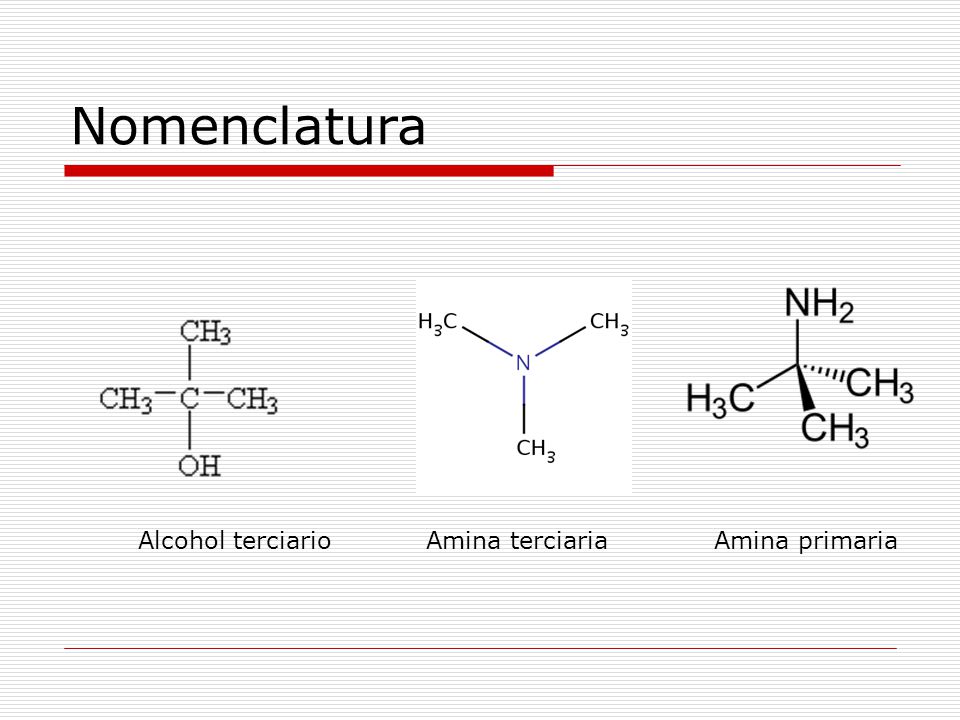 Nomenclatura Alcohol terciario Amina terciaria Amina primaria