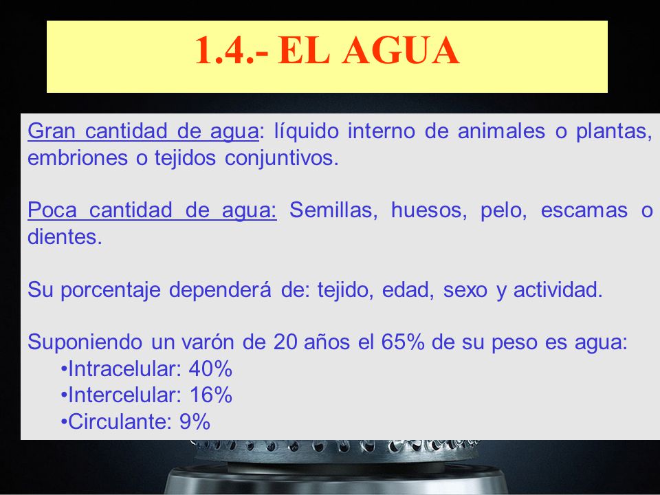 1.4.- EL AGUA Gran cantidad de agua: líquido interno de animales o plantas, embriones o tejidos conjuntivos.