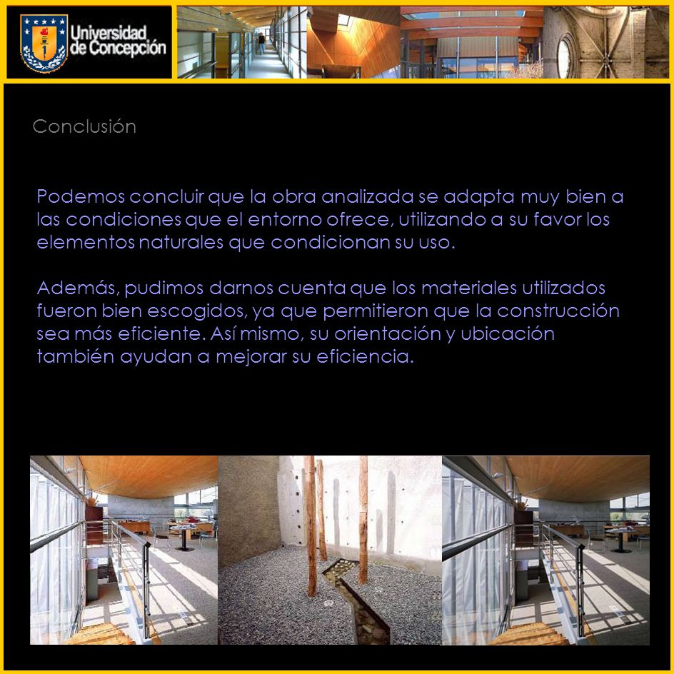 Conclusión Podemos concluir que la obra analizada se adapta muy bien a. las condiciones que el entorno ofrece, utilizando a su favor los.