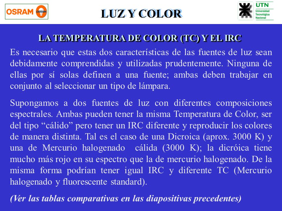 LUZ Y COLOR LA TEMPERATURA DE COLOR (TC) Y EL IRC