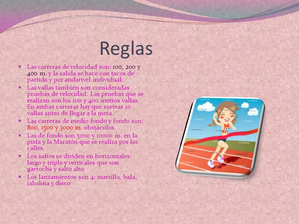 Reglas Las carreras de velocidad son: 100, 200 y 400 m. y la salida se hace con tacos de partida y por andarivel individual.