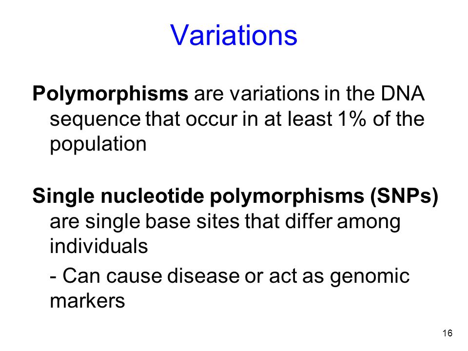 Variations Polymorphisms are variations in the DNA sequence that occur in at least 1% of the population.