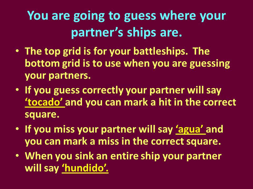 You are going to guess where your partner’s ships are.