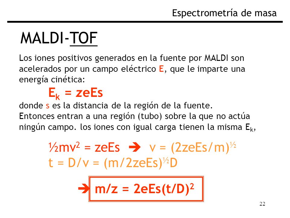 MALDI-TOF Ek = zeEs t = D/v = (m/2zeEs)½D  m/z = 2eEs(t/D)2