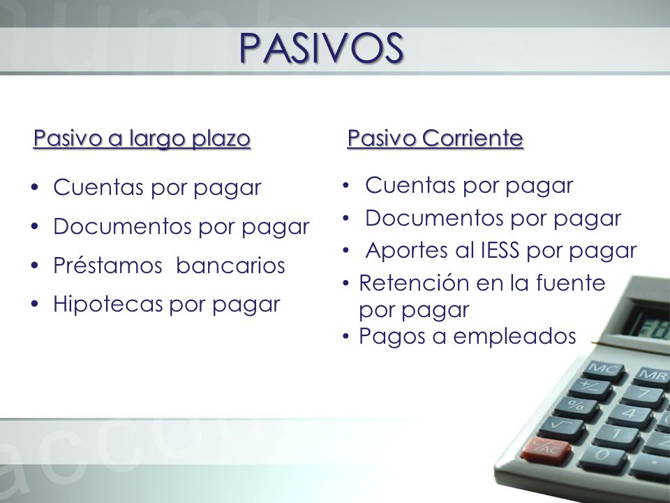 PASIVOS Pasivo a largo plazo Pasivo Corriente Cuentas por pagar