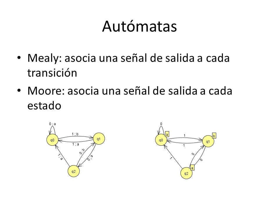 Autómatas Mealy: asocia una señal de salida a cada transición