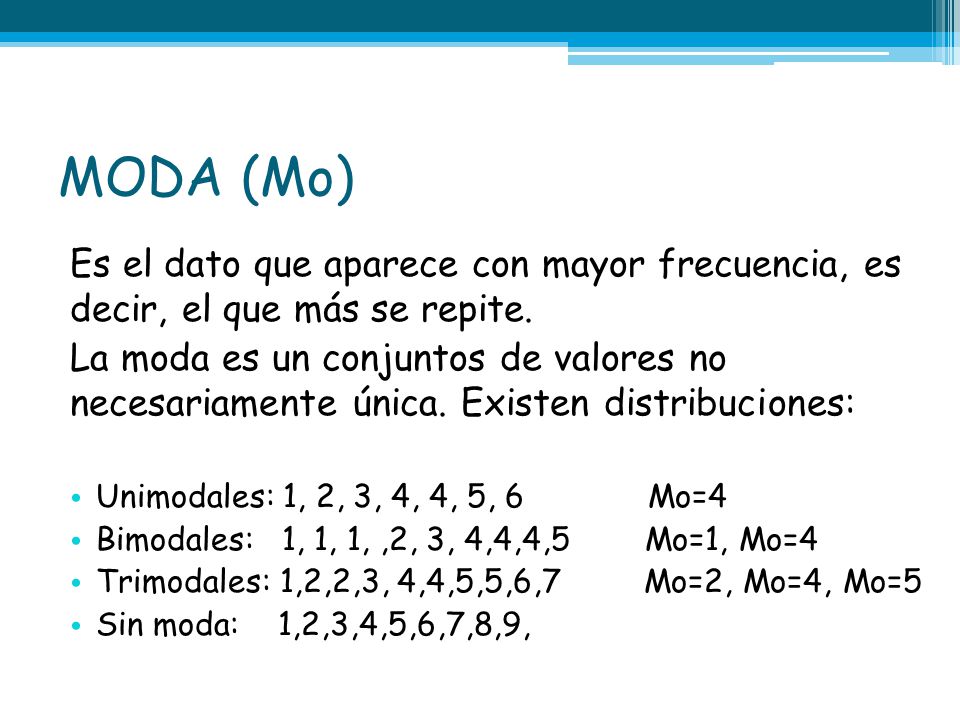 MODA (Mo) Es el dato que aparece con mayor frecuencia, es decir, el que más se repite.