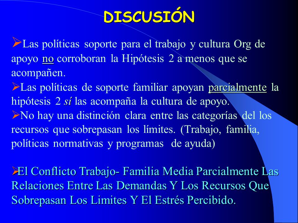 DISCUSIÓN Las políticas soporte para el trabajo y cultura Org de apoyo no corroboran la Hipótesis 2 a menos que se acompañen.