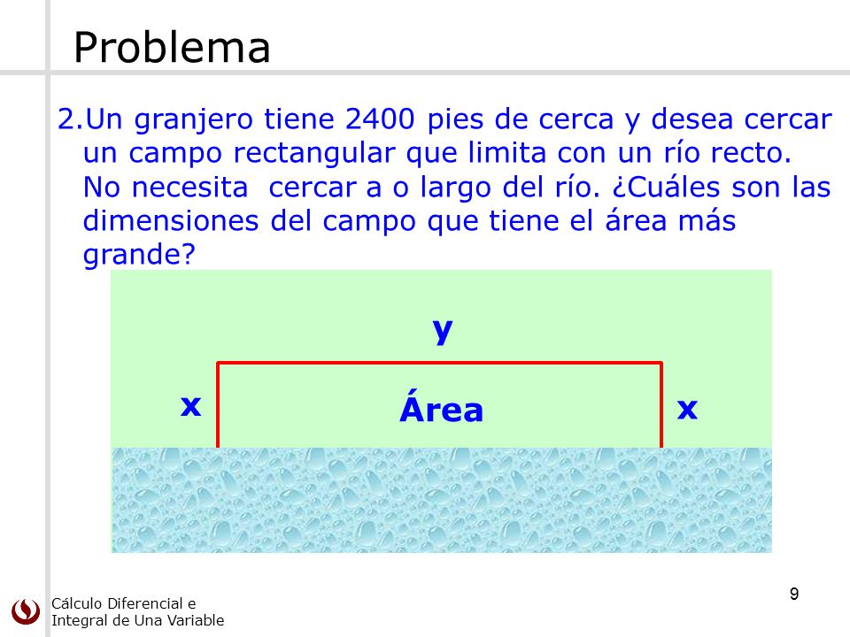 Problema y Área x Un granjero tiene 2400 pies de cerca y desea cercar