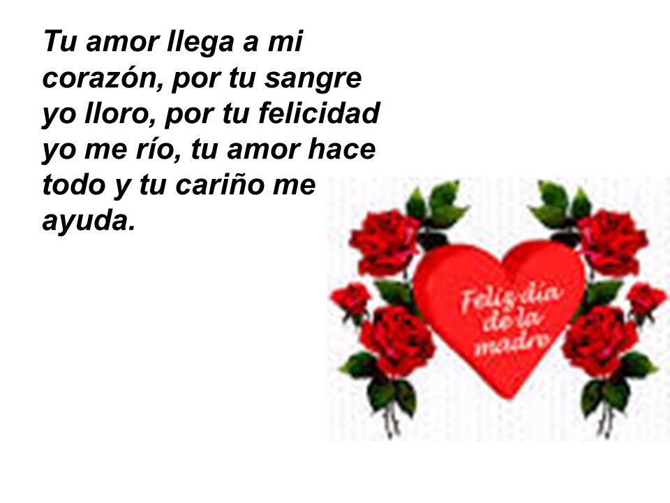 Tu amor llega a mi corazón, por tu sangre yo lloro, por tu felicidad yo me río, tu amor hace todo y tu cariño me ayuda.
