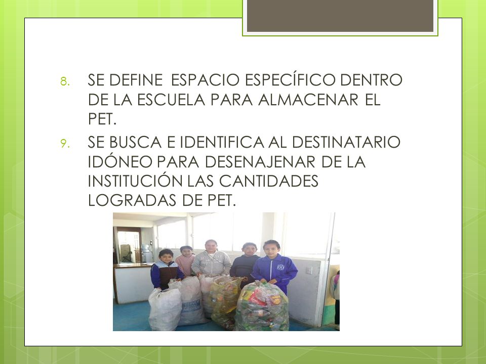 SE DEFINE ESPACIO ESPECÍFICO DENTRO DE LA ESCUELA PARA ALMACENAR EL PET.