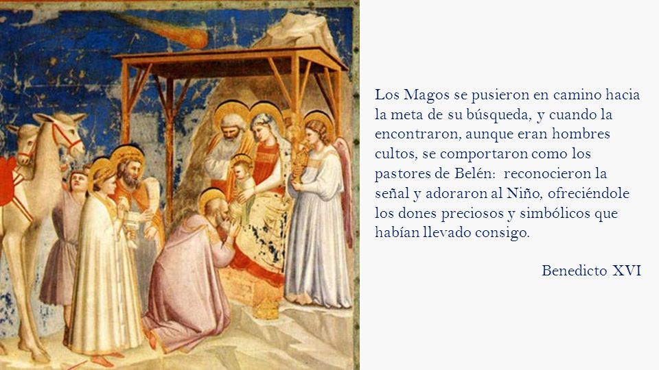 Los Magos se pusieron en camino hacia la meta de su búsqueda, y cuando la encontraron, aunque eran hombres cultos, se comportaron como los pastores de Belén: reconocieron la señal y adoraron al Niño, ofreciéndole los dones preciosos y simbólicos que habían llevado consigo.