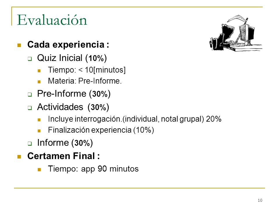 Evaluación Cada experiencia : Quiz Inicial (10%) Pre-Informe (30%)