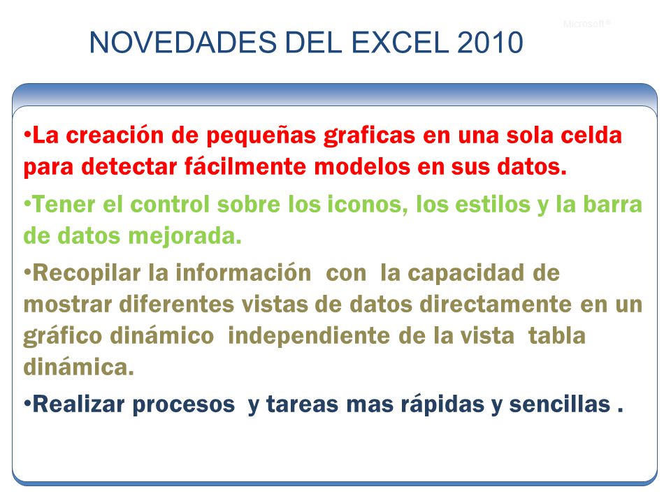 NOVEDADES DEL EXCEL 2010 La creación de pequeñas graficas en una sola celda para detectar fácilmente modelos en sus datos.