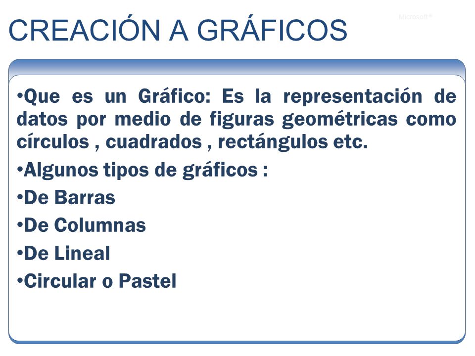 CREACIÓN A GRÁFICOS Que es un Gráfico: Es la representación de datos por medio de figuras geométricas como círculos , cuadrados , rectángulos etc.